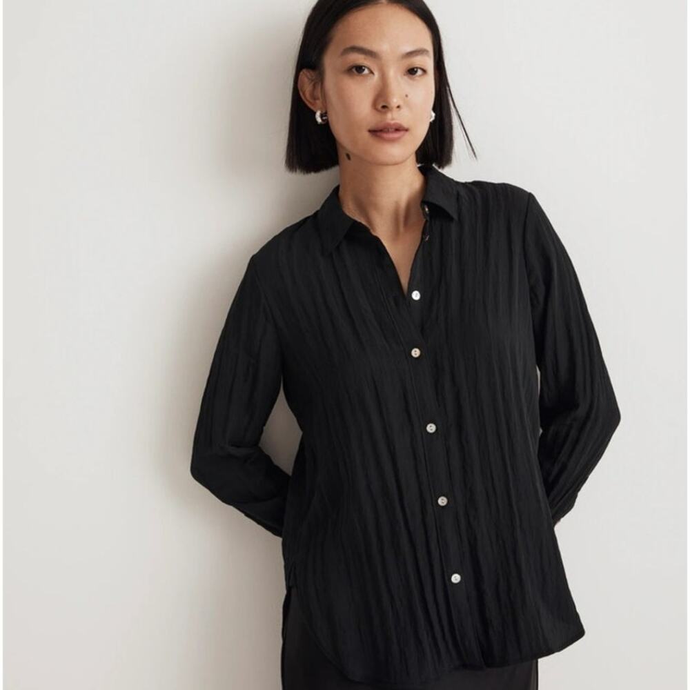Madewell Crinkled Button-Up Shirt XXS True Black‎ Minimalist Office Casual